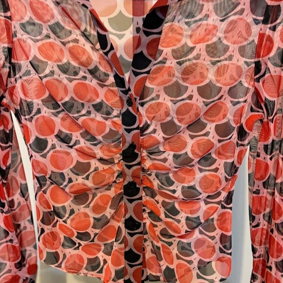 Zara Sheer Ruched Button Front Blouse Red Black Polka Dot - Picture 5 of 6